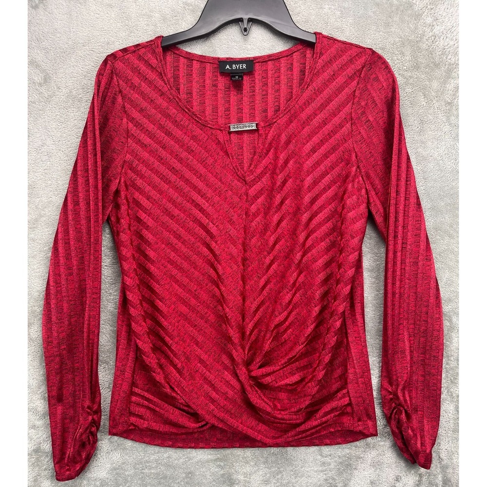 A Byer Women's Twist Front Top Sz‎ M Red Striped Ruched Long Sleeve